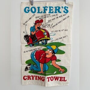 VINTAGE Golf Theme Novelty Linen Tea Towel Golfer's Crying Towel Funny Cartoon